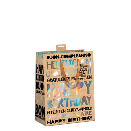 GAVEPOSE STR. M "HAPPY BIRTHDAY" HOLOGRAM TRYK - KRAFTPAPIR 18X23X10 CM
