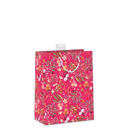 GAVEPOSE STR. M "RØD MED BLOMSTER" 23X10 CM