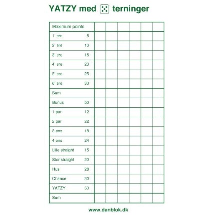 YATZY BLOK TIL 5 TERNINGER (3 PAK)(120)