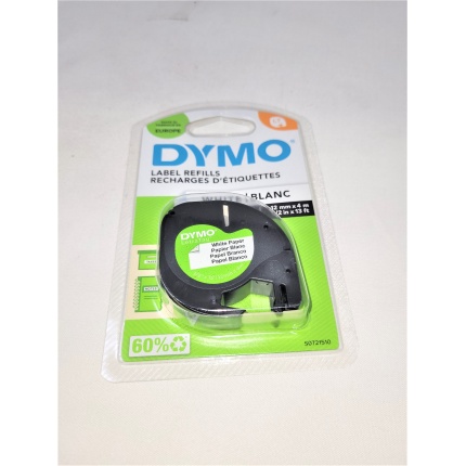 91200 DYMO LETRATAG PAPIRTAPE, SORT/HVID, 12MM