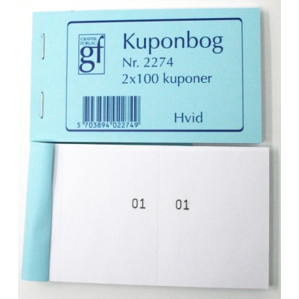 KUPON BØGER HVID 120X70MM 2X100 KUPONER
