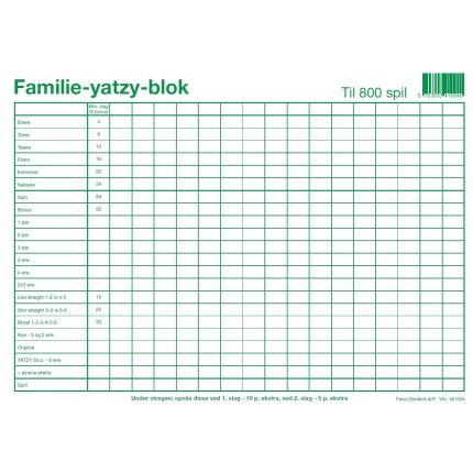 YATZY-BLOK A4 FAMILIE-YATZY  6 TERNINGER (120)