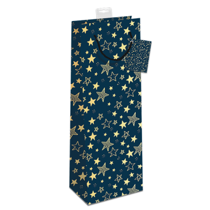 GAVEPOSE TIL FLASKE " BLÅ MED STJERNER" GULD FOLIE - UDGÅR