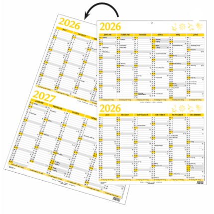 VÆGKALENDER DOBBELT A3 - 2026 + 1. HALVÅR 2027