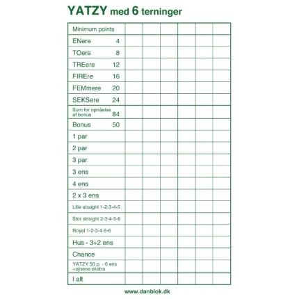 YATZY-BLOK TIL 6 TERNINGER (3 PAK)(120)
