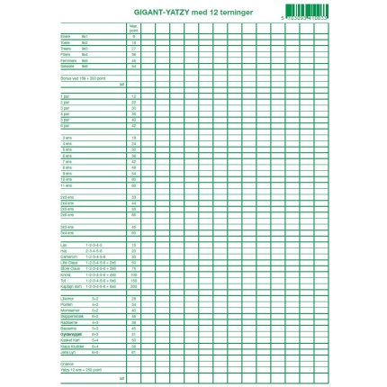 YATZY-BLOK  A4 GIGANT YATZY 12 TERNINGER (60)