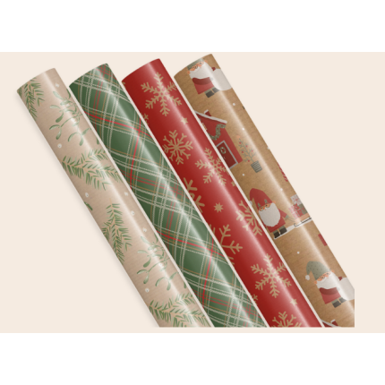 JULEPAPIR 0,7 X 4M - KRAFTPAPIR MIX - 4 MOTIVER (50 RULLER)