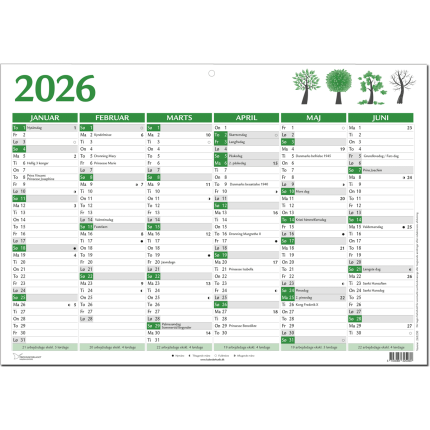 VÆGKALENDER A3 GRØN 2026  2x6 MDR