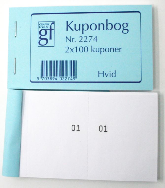KUPON BØGER HVID 120X70MM 2X100 KUPONER