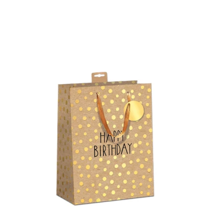 GAVEPOSE STR. M "HAPPY BIRTHDAY" HOLOGRAM TRYK - KRAFTPAPIR 18X23X10 CM