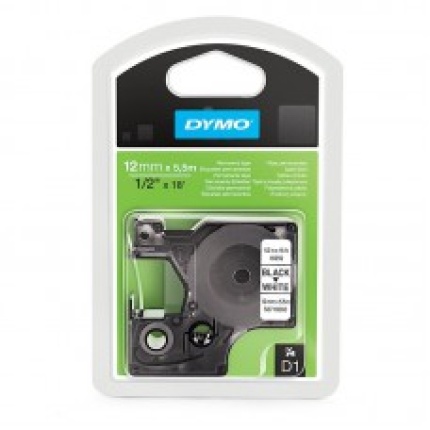 16959 DYMO D1 PERM.POLYTAPE -  12mm, SORT/HVID